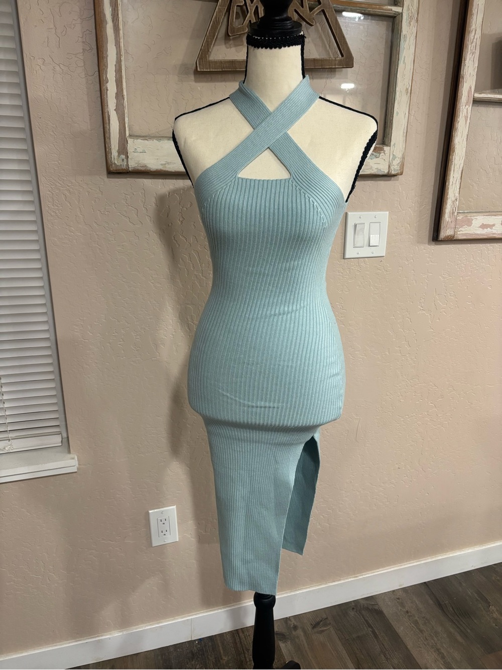 🌴 Ribbed Knit Cross Front Dress in Dusty Aqua